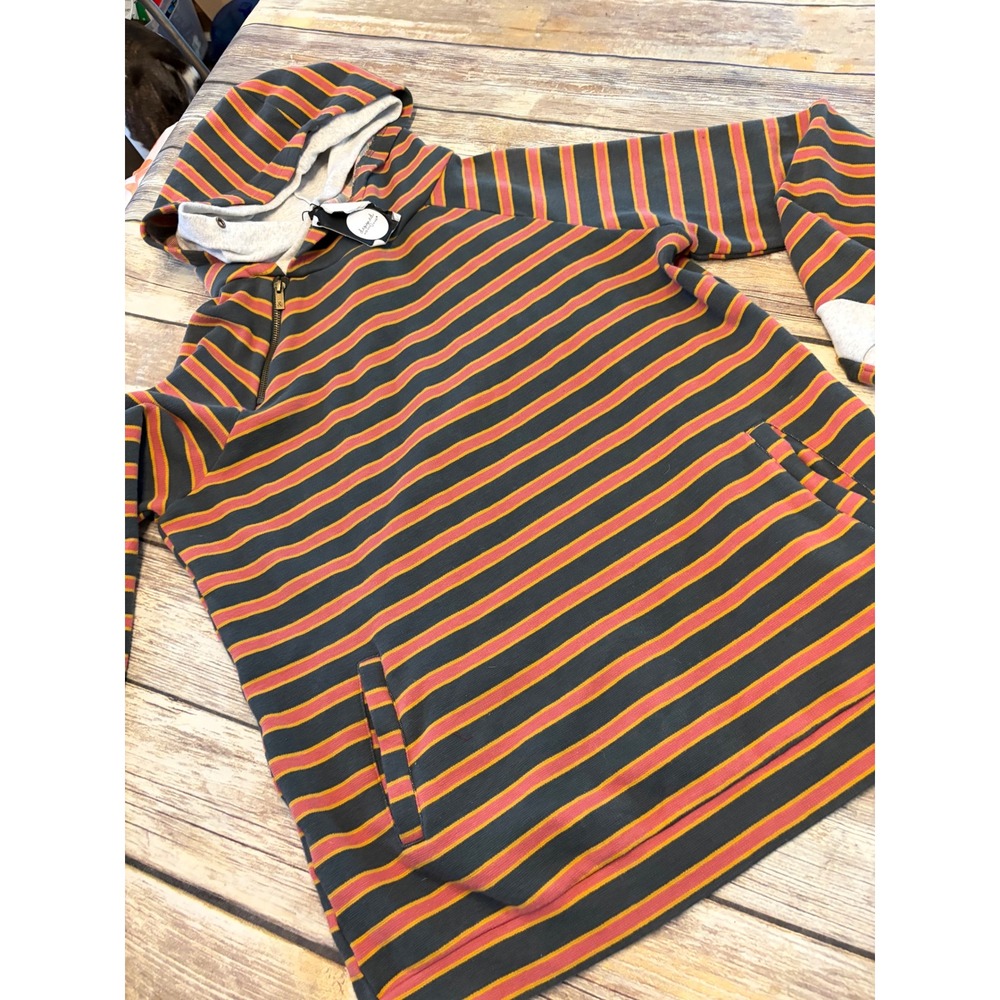 Ampersand Avenue Women Striped Double Hood Side Zip Hoodie Tunic Long Cozy Cabin